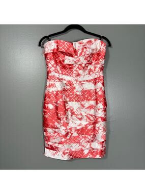 Bebe Y2K Red & White Patterned Tattered Ruffle Strapless Bodycon Dress - Small
